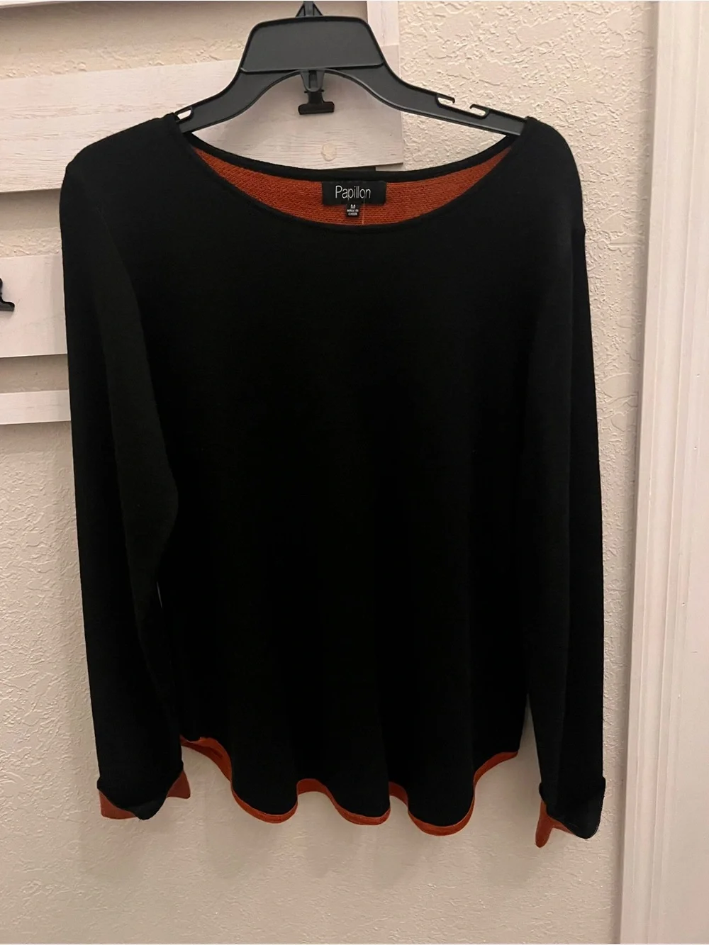 Papillon Black & Rust Heathered Wool Blend Sweater Medium NWT Contrast Trim